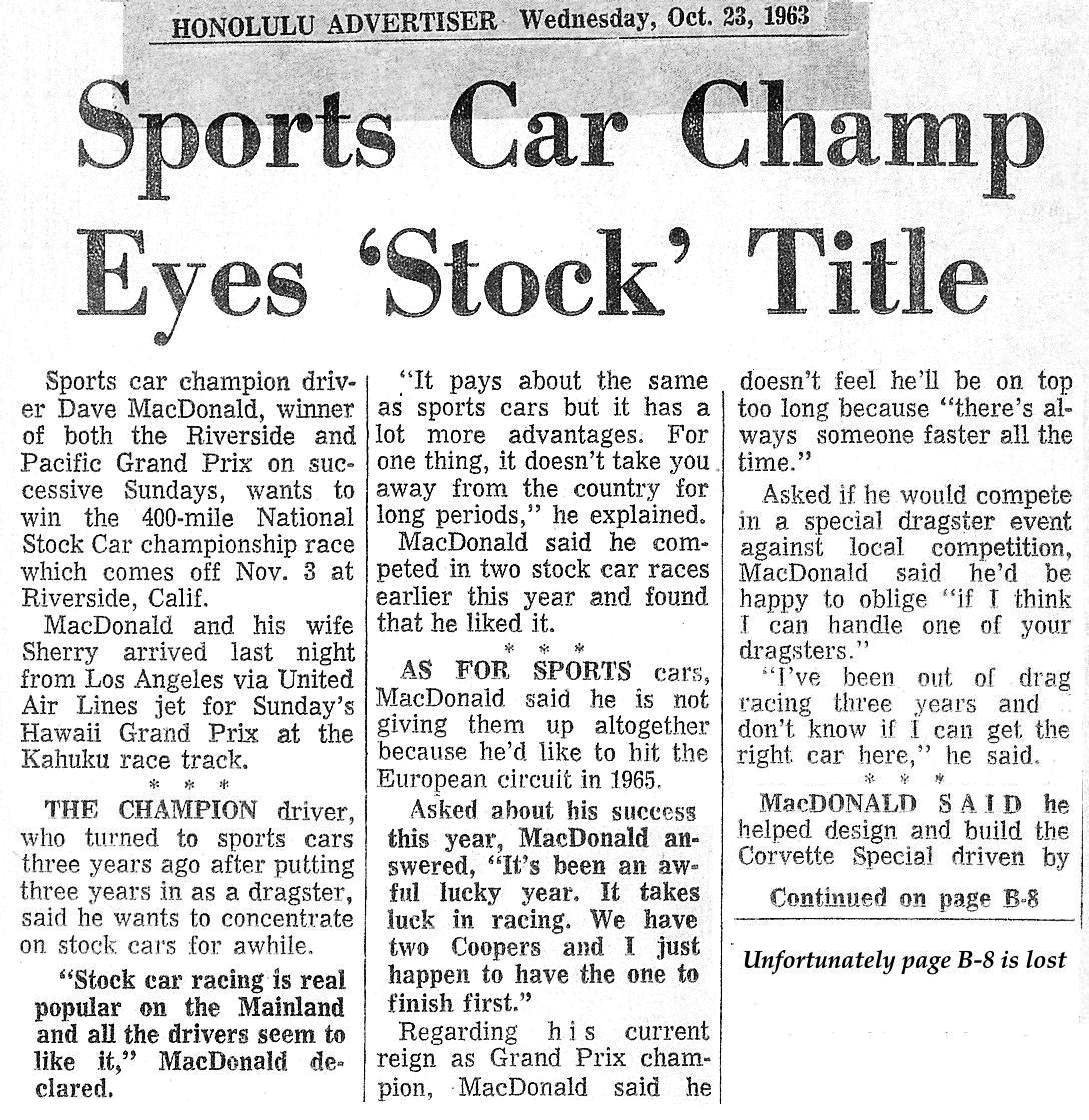 Dave MacDonald pilots Shelby Cobra CSX2136 to a 2nd place finish at the 1963 Hawaiian Grand Prix